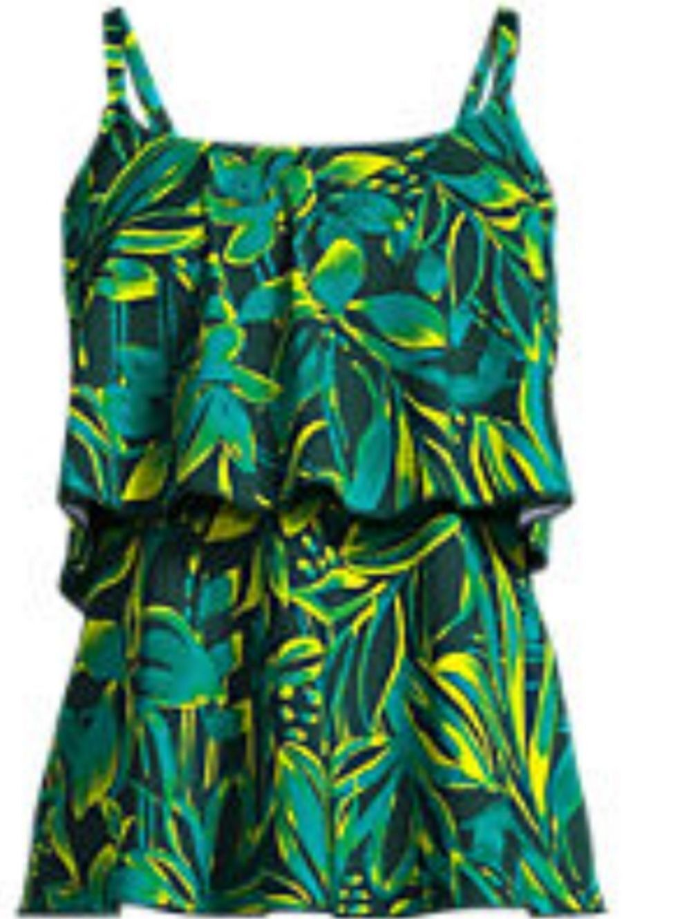 Lands' End Scoop Neck Tiered Tankini Swimsuit Top Medium 10-12 Green Tropical